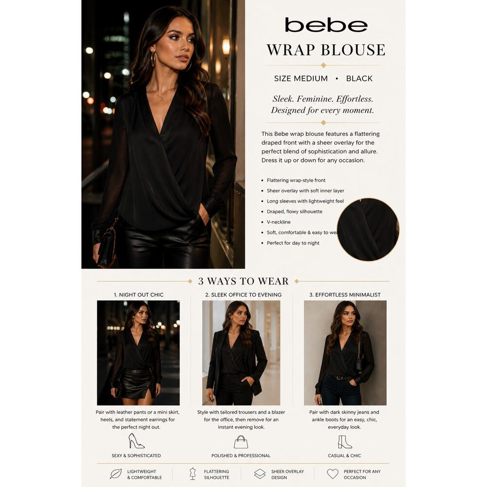 Bebe Black Wrap Blouse M Long Sleeve Satin Overlay Night Out Top
